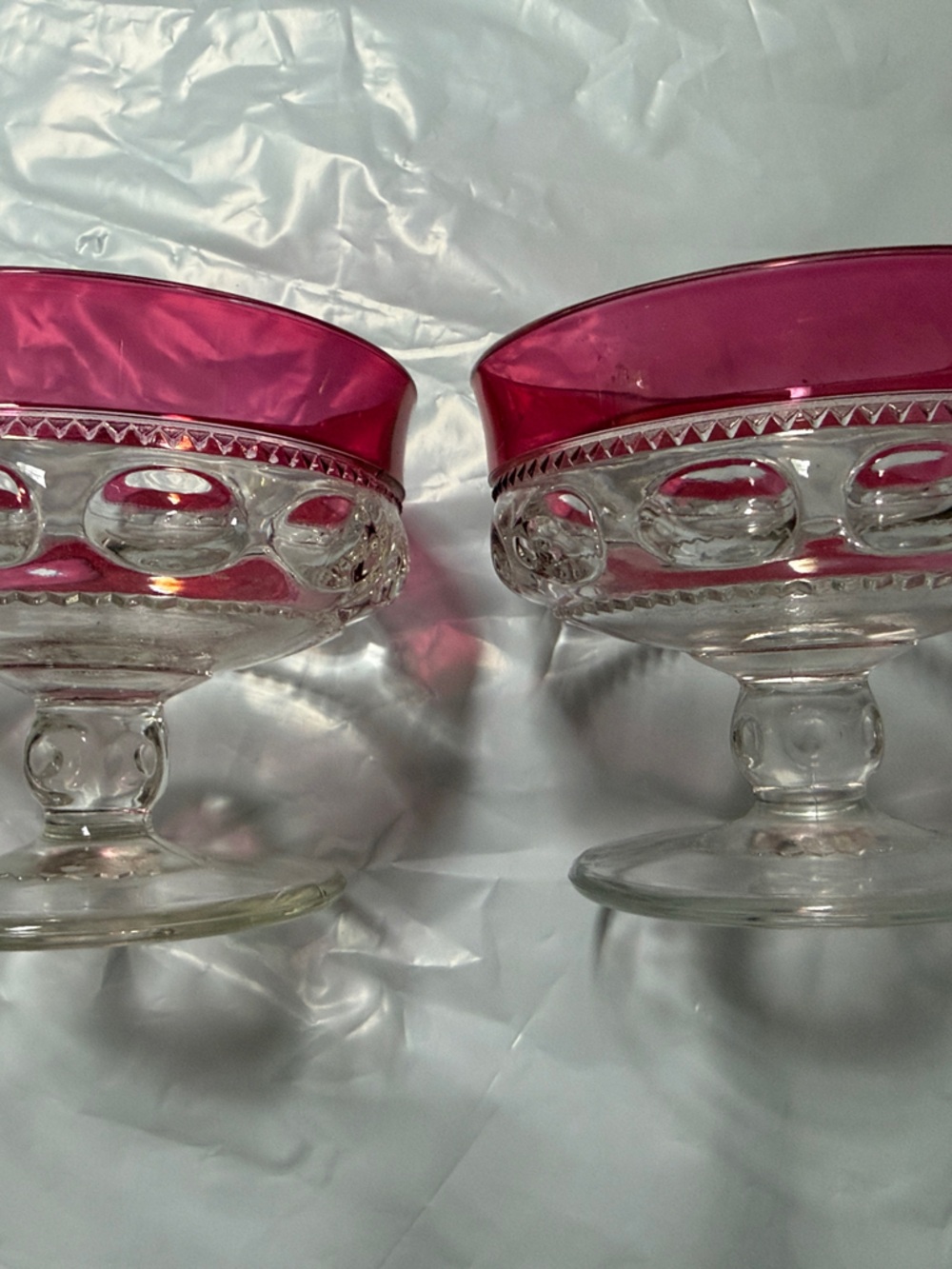 Pair of Decorative Pink-Trim Glass Compotes